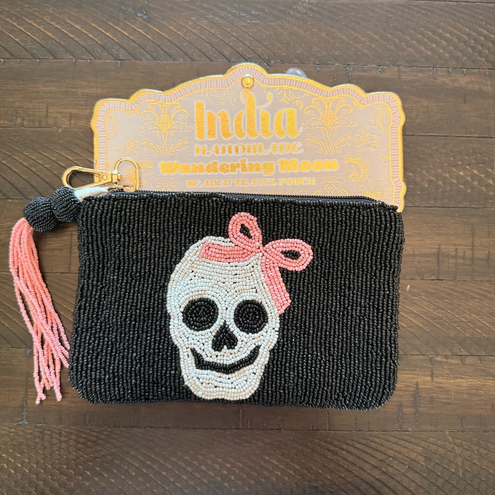 India Handmade Beaded Skull Pouch - Black with Pink Accent